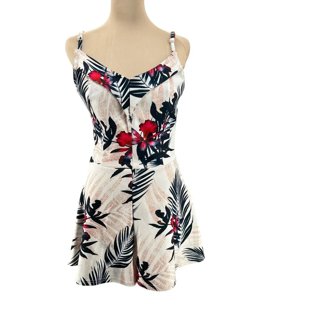 Womens Tropical Floral Palm Print Romper White Pink Blue Sleeveless V-Neck A0308